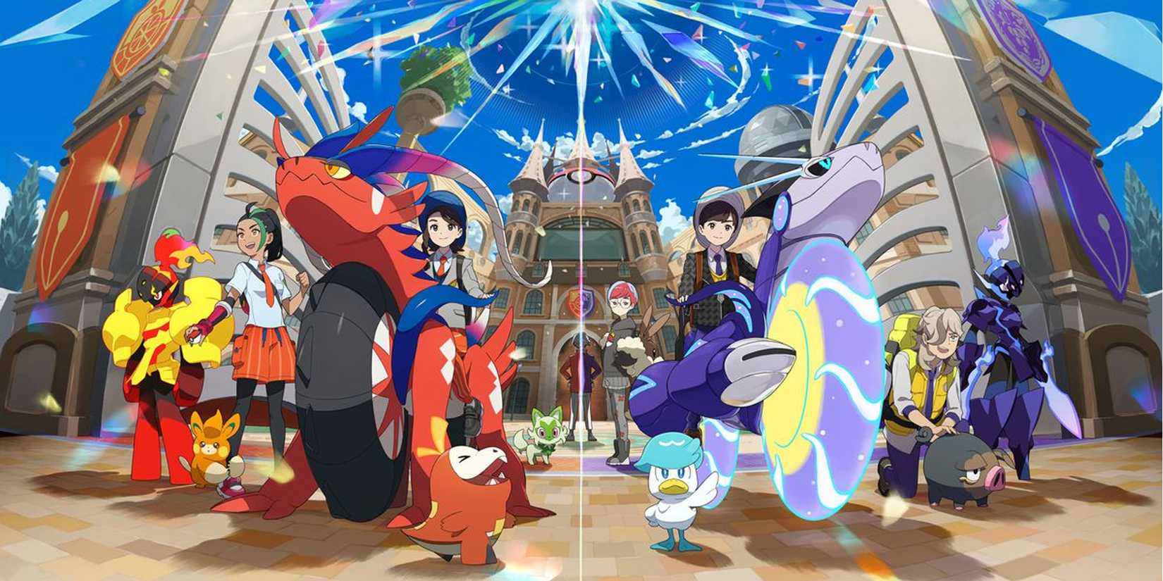 Pokémon Scarlet & Violet protagonists riding Koraidon and Miraidon in official art showing the differences between the two versions.