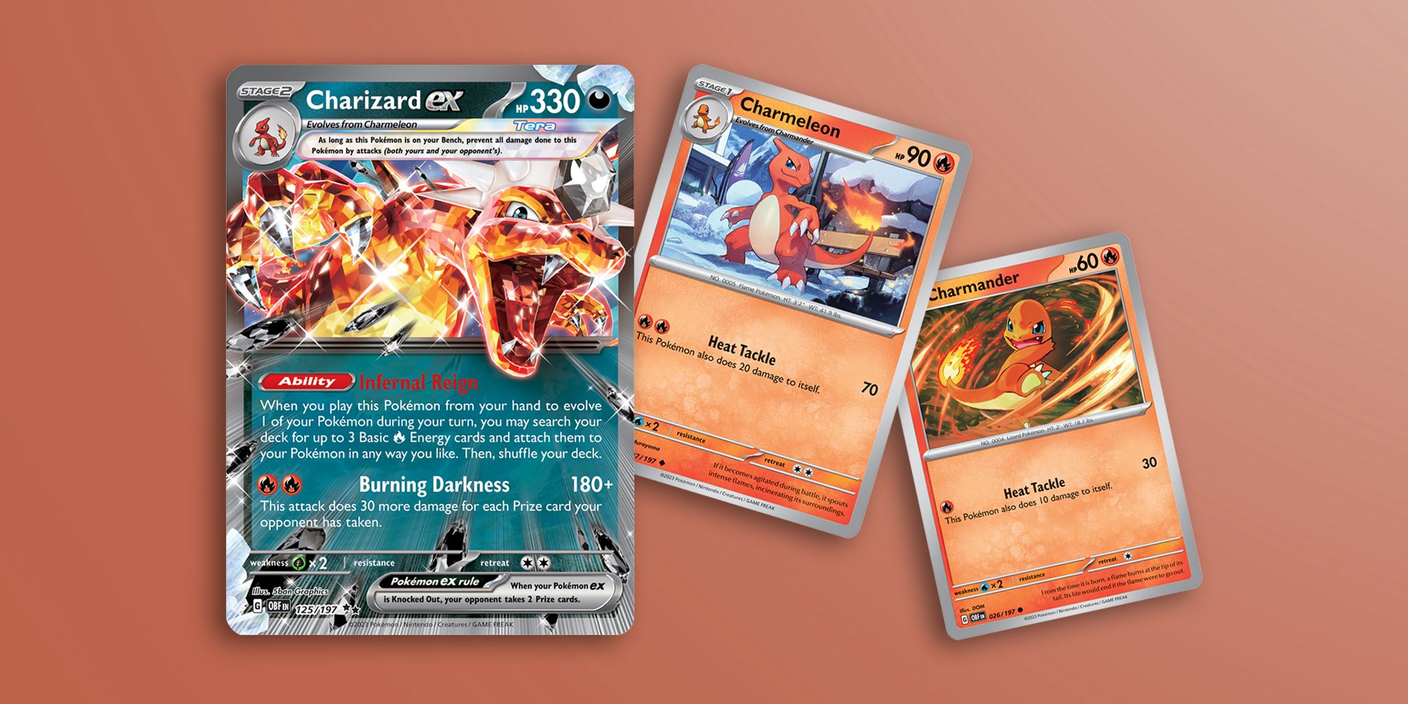 Charizard Ex, Charmander and Charmeleon cards in the Pokemon Trading Card Game