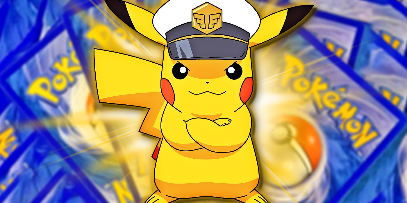 Captain Pikachu crosses its arms and smirks, with Pokemon TCG cards in the back.