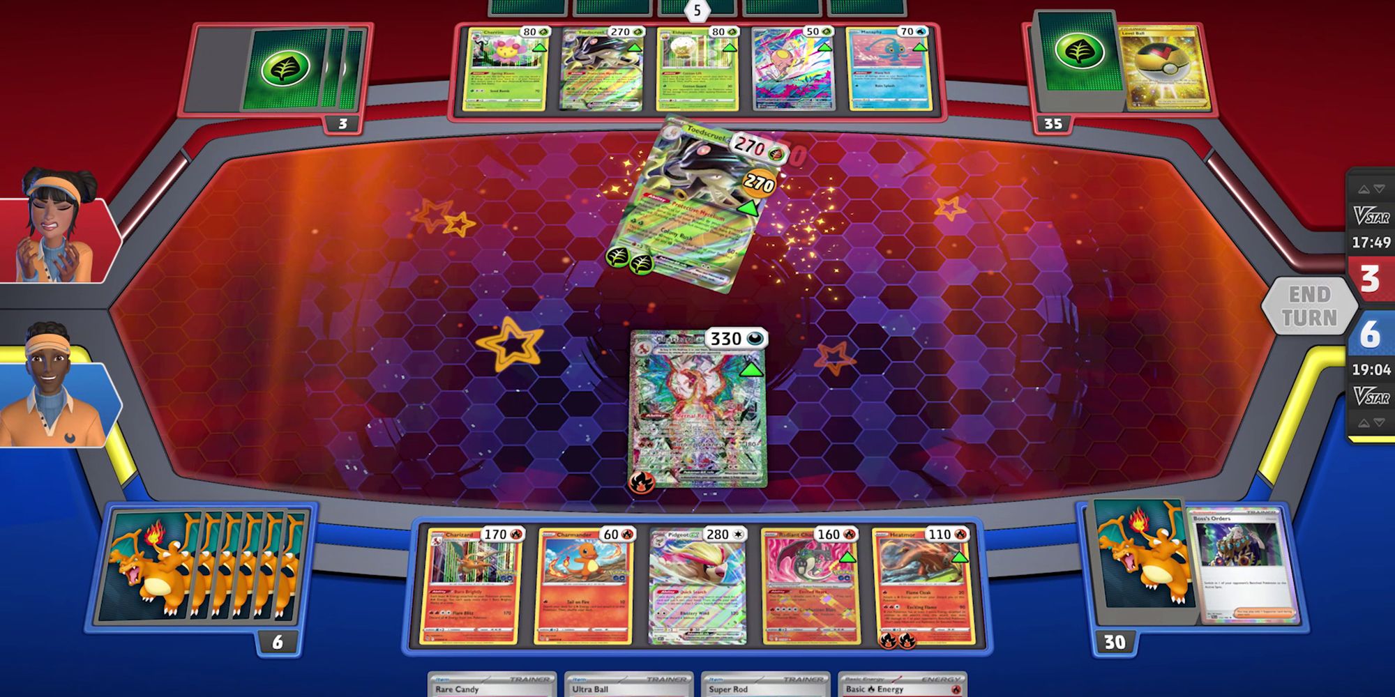 A heated battle in the Pokémon TCG Live app with a Charizard-Ex deck