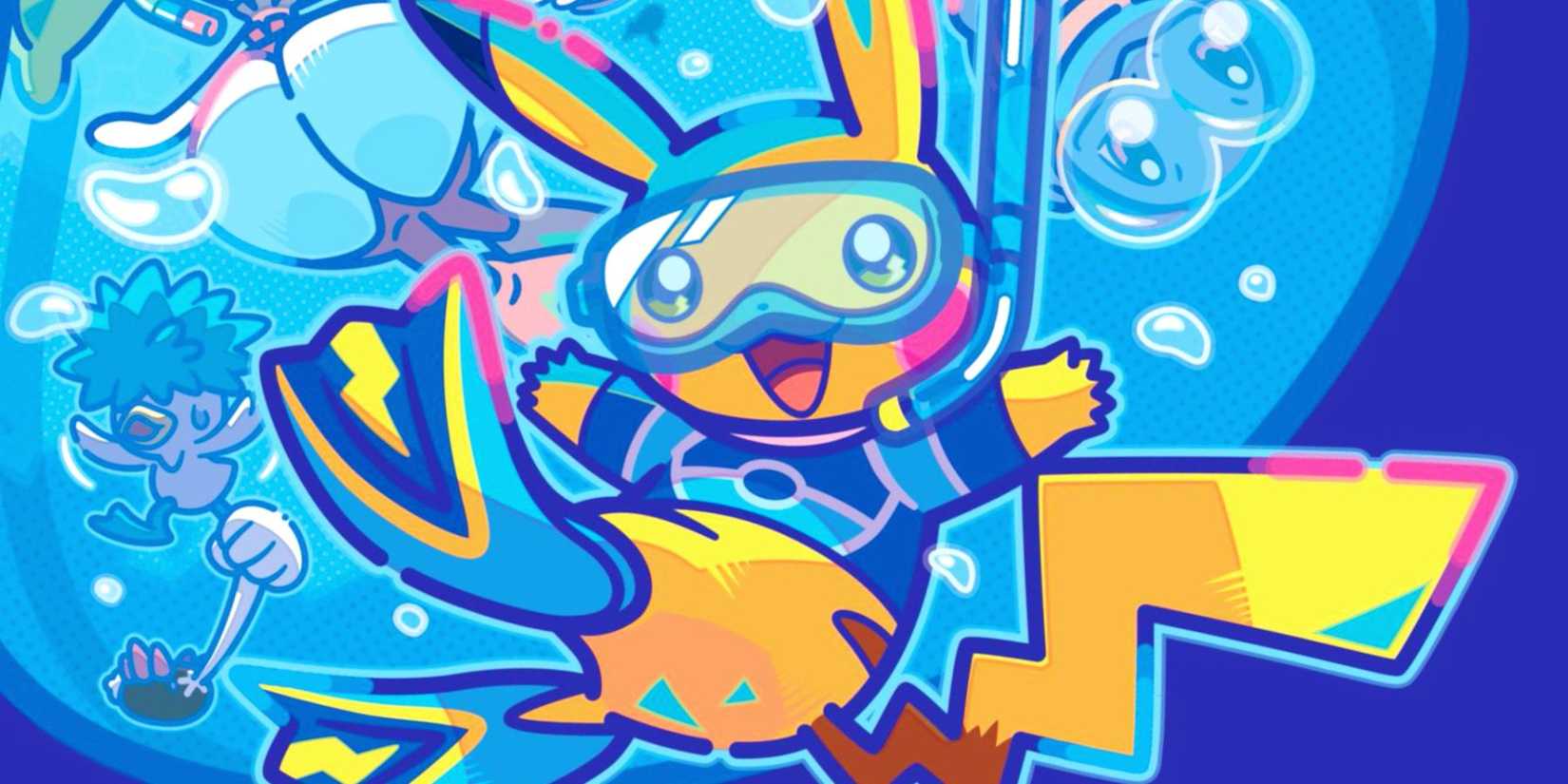 Pikachu wearing a Scuba Mask under water with bubbles floating all around for the pokemon 2025 world championships