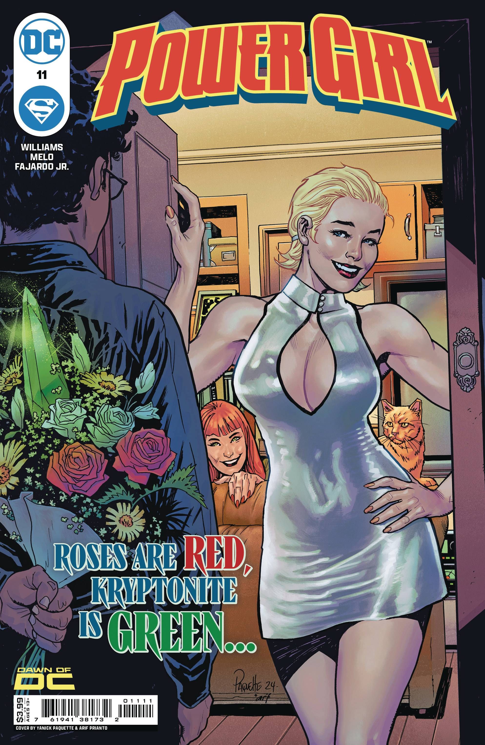 Capa principal da Power Girl 11: Power Girl está em uma porta aberta, de frente para seu par, que está segurando flores.