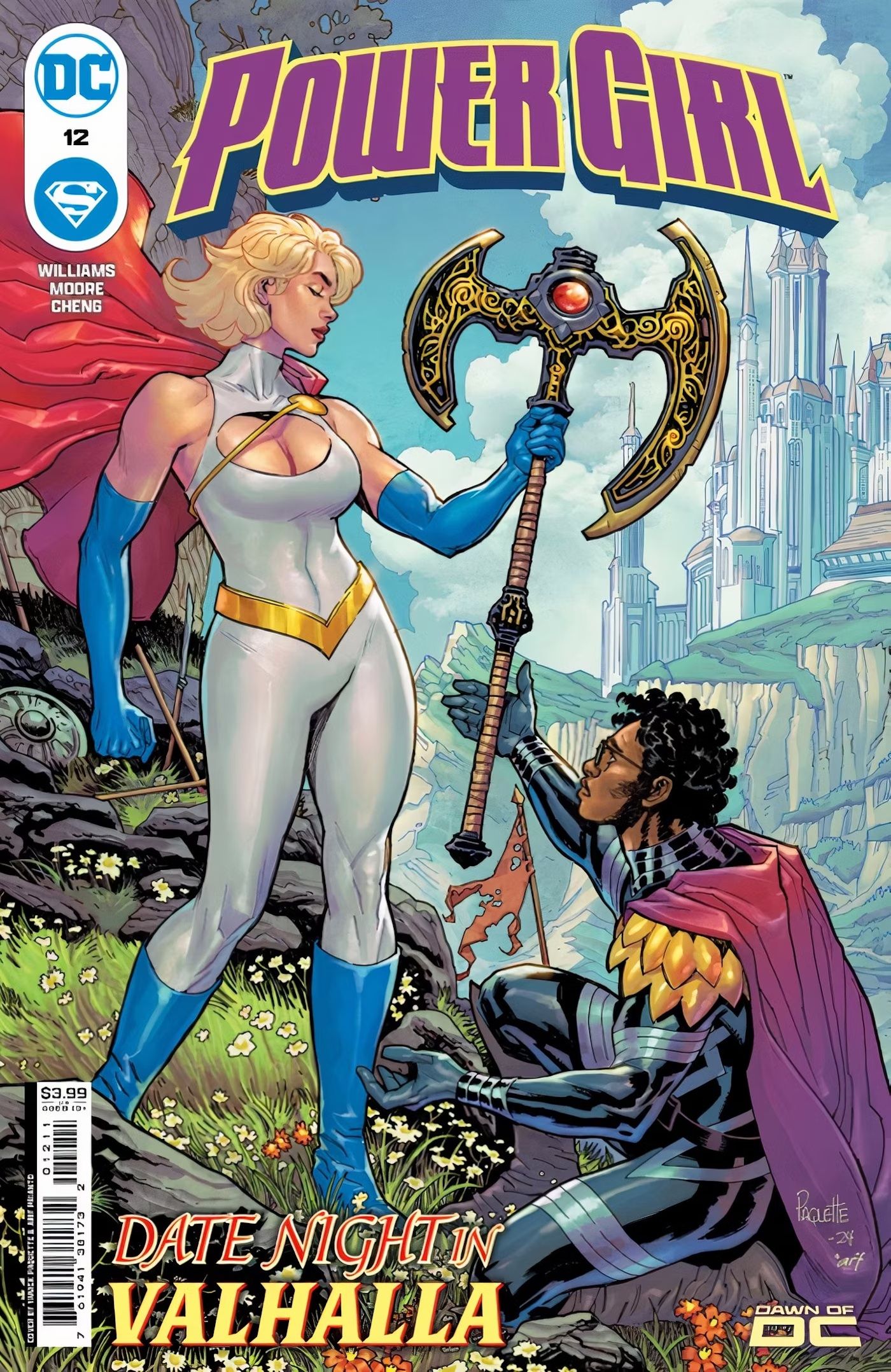 Portada principal de Power Girl 12: Power Girl sosteniendo un hacha mientras Axel Gust se arrodilla ante ella.