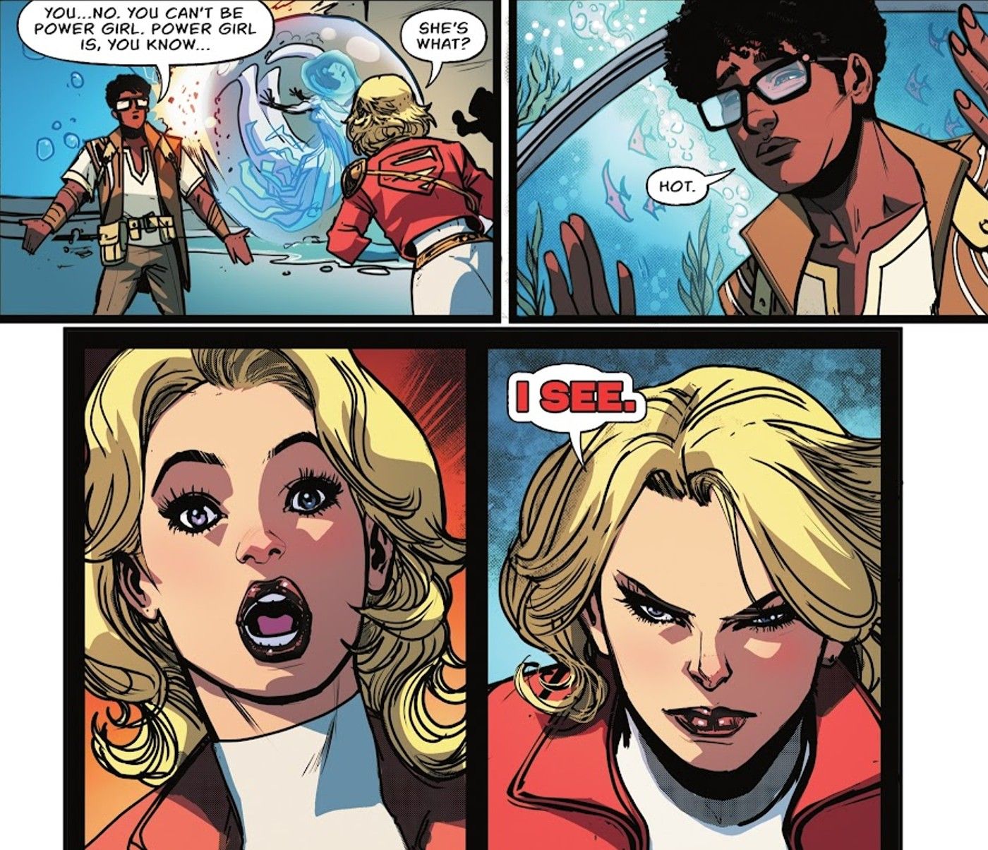 Painéis de quadrinhos: Axel Gust diz a Power Girl que achou que ela seria mais gostosa.