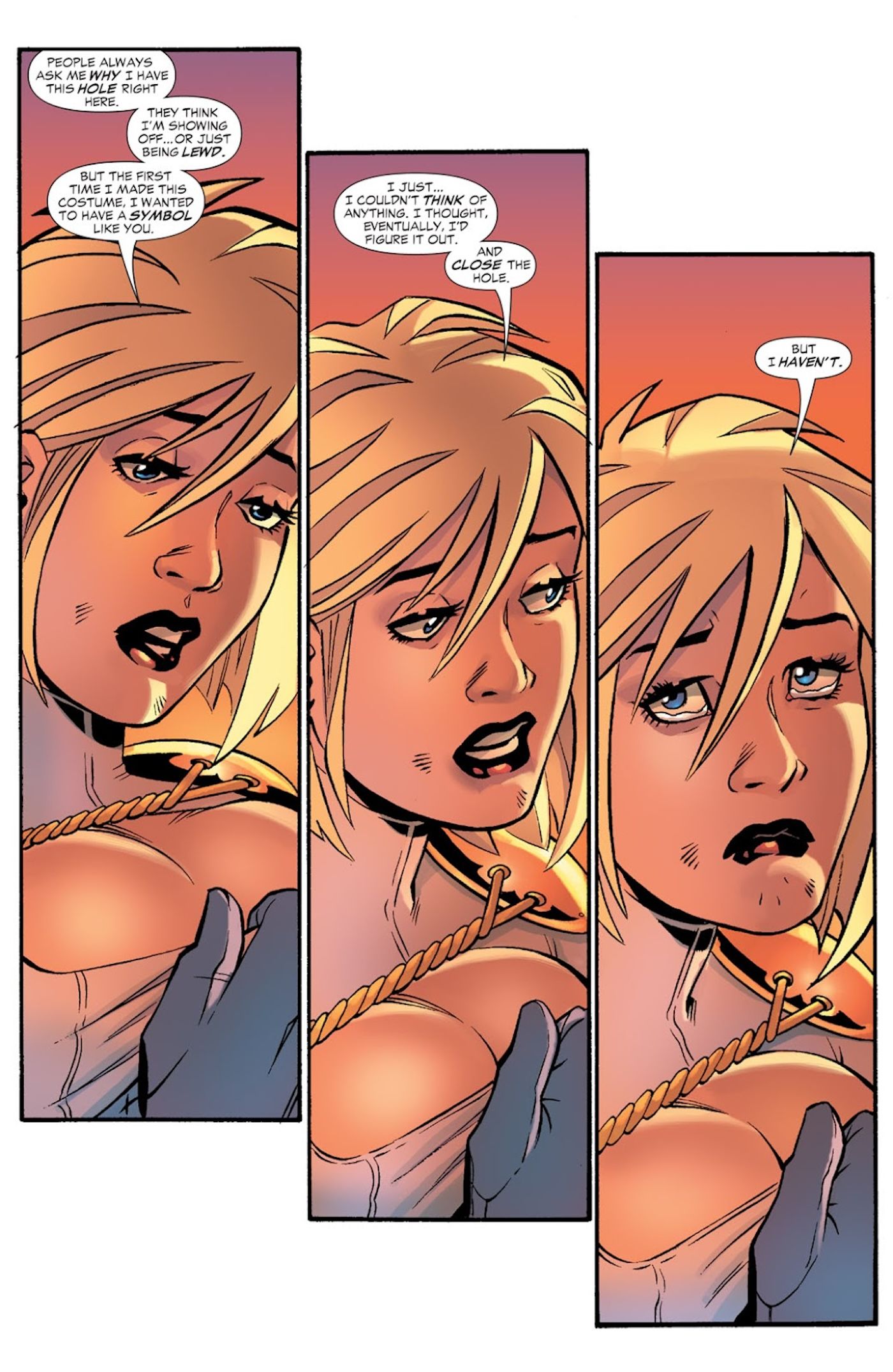 Página de quadrinhos: Power Girl parece triste enquanto explica sua fantasia.