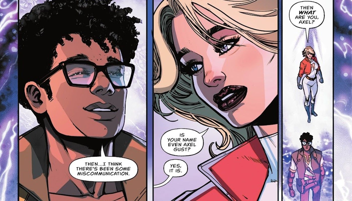 Power Girl observa Axel Gust atravessar um portal