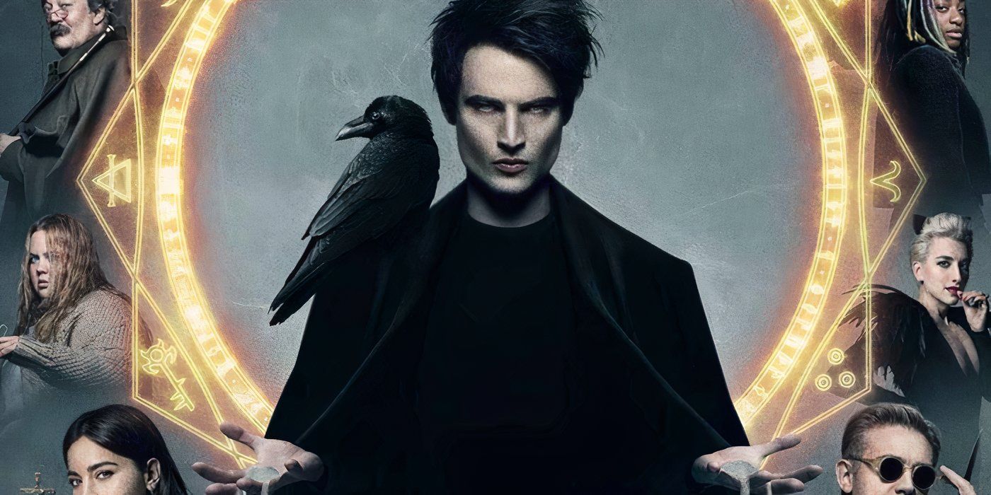 TV poster for The Sandman featuring the titular Sandman with a raven on his shoulder.