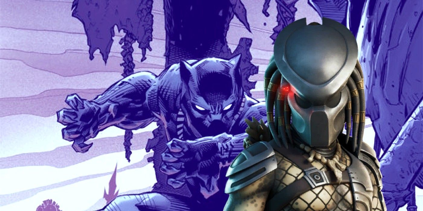 A Predator stands with its mask on, layered over a perched Black Panther ready to attack.
