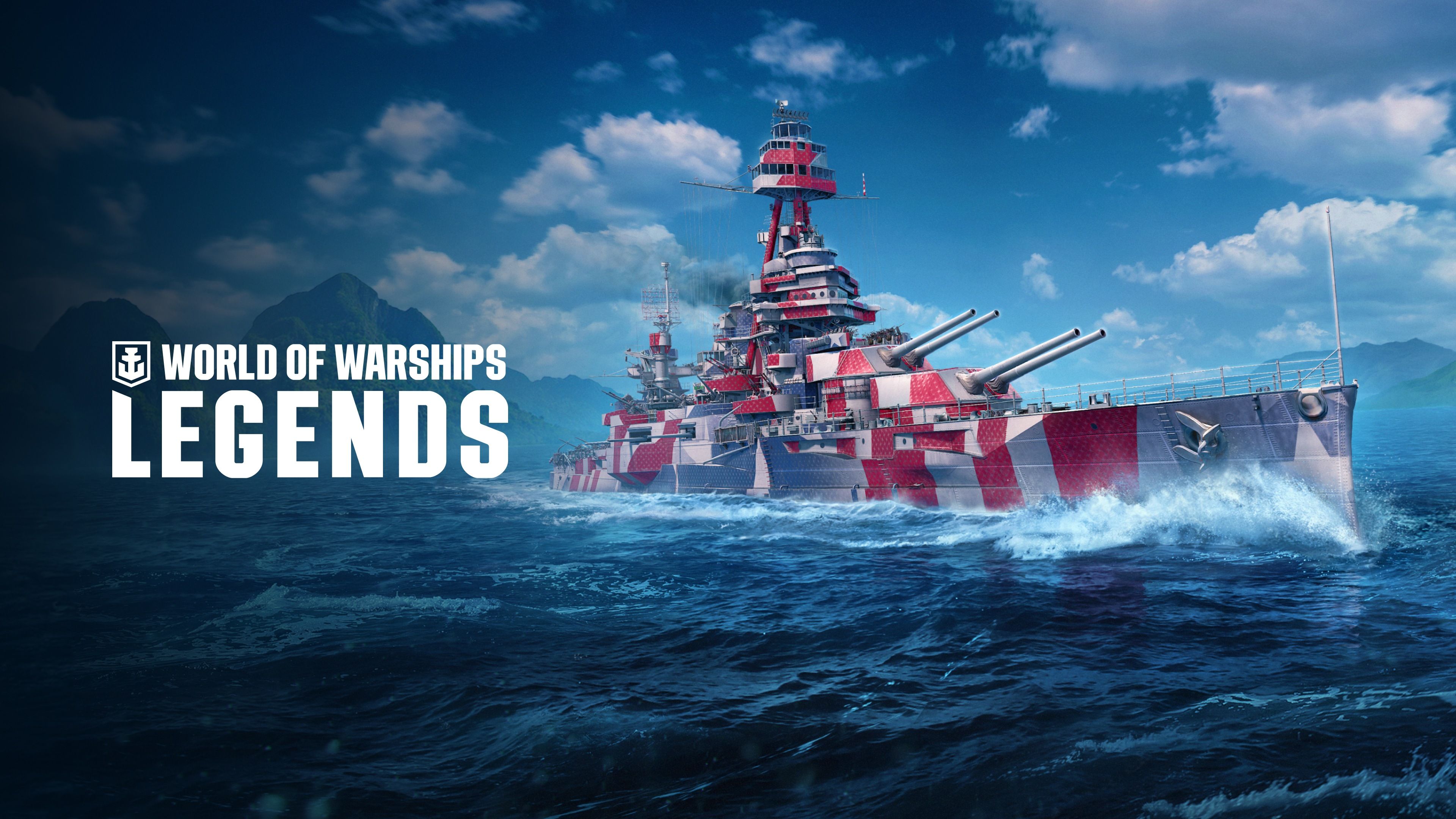 Logotipo do World of Warships: Legends sobre um fundo de mar com um navio de guerra vermelho e branco.