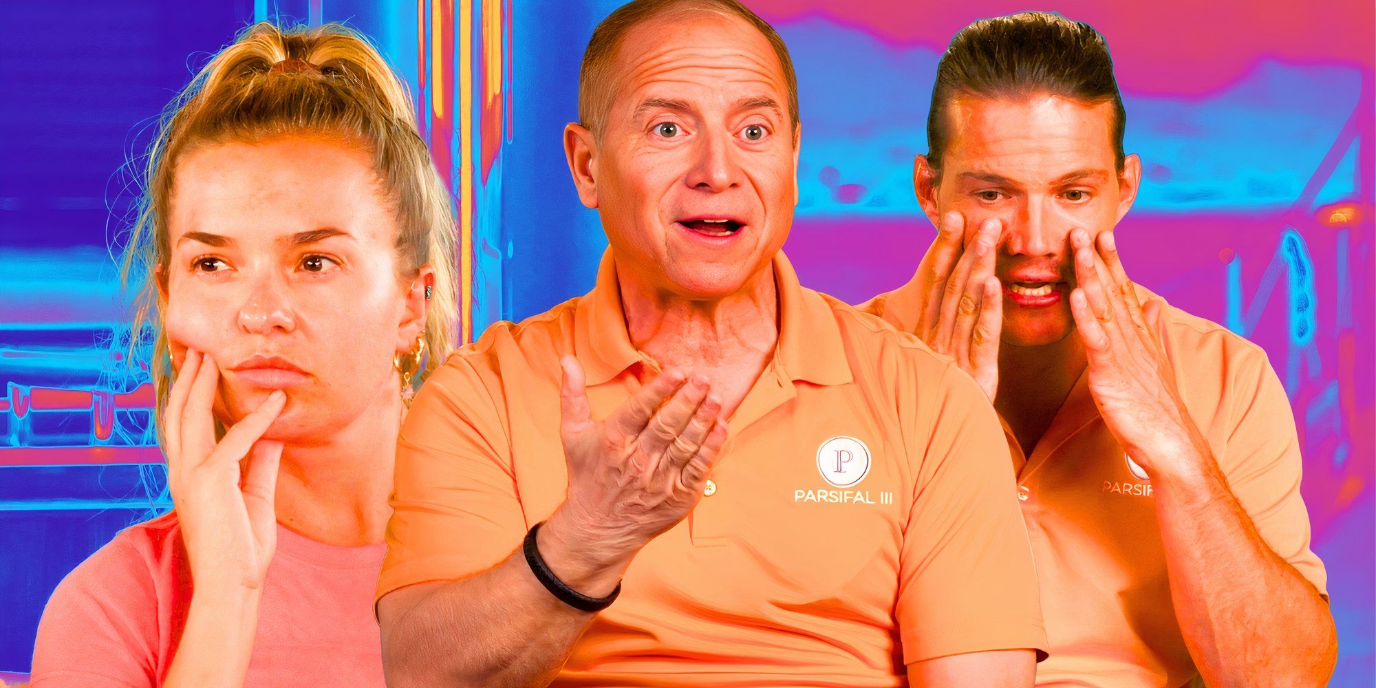  Below Deck Sailing Yacht season 4 cast with Captain Glenn, Daisy and Gary looking upset while wearing their orange uniforms