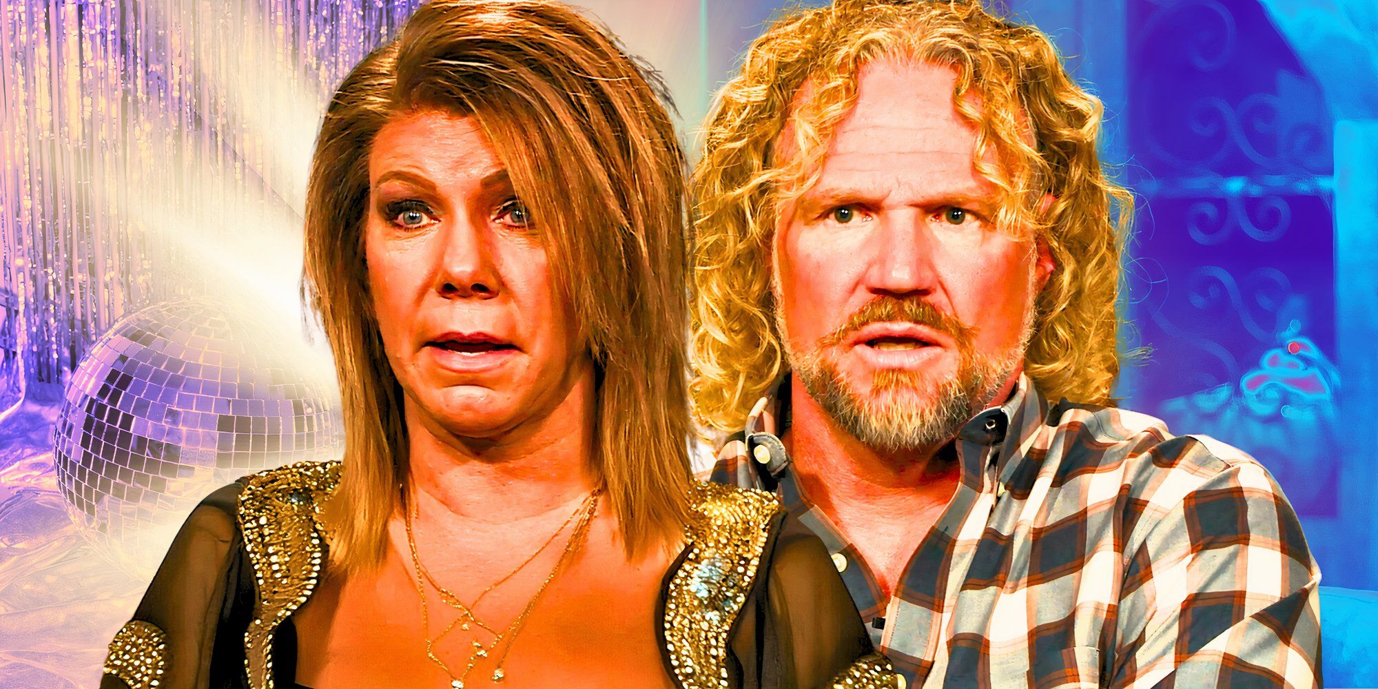 a montage of Meri looking glam with a grumpy Kody in the background