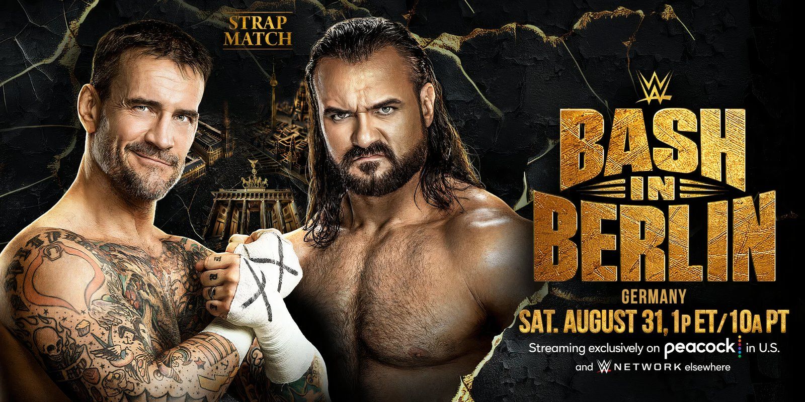 Gráfico promocional da partida entre CM Punk e Drew McIntyre pelo Bash In Berlin