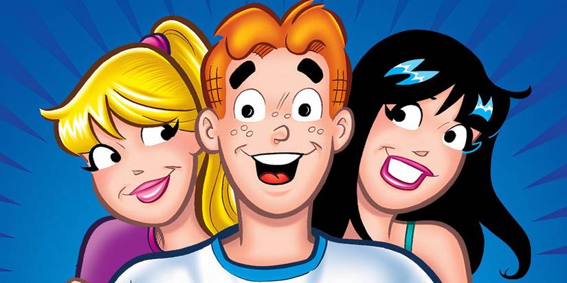 Archie with Betty on one side and Veronica on the other, all smiling at the viewer