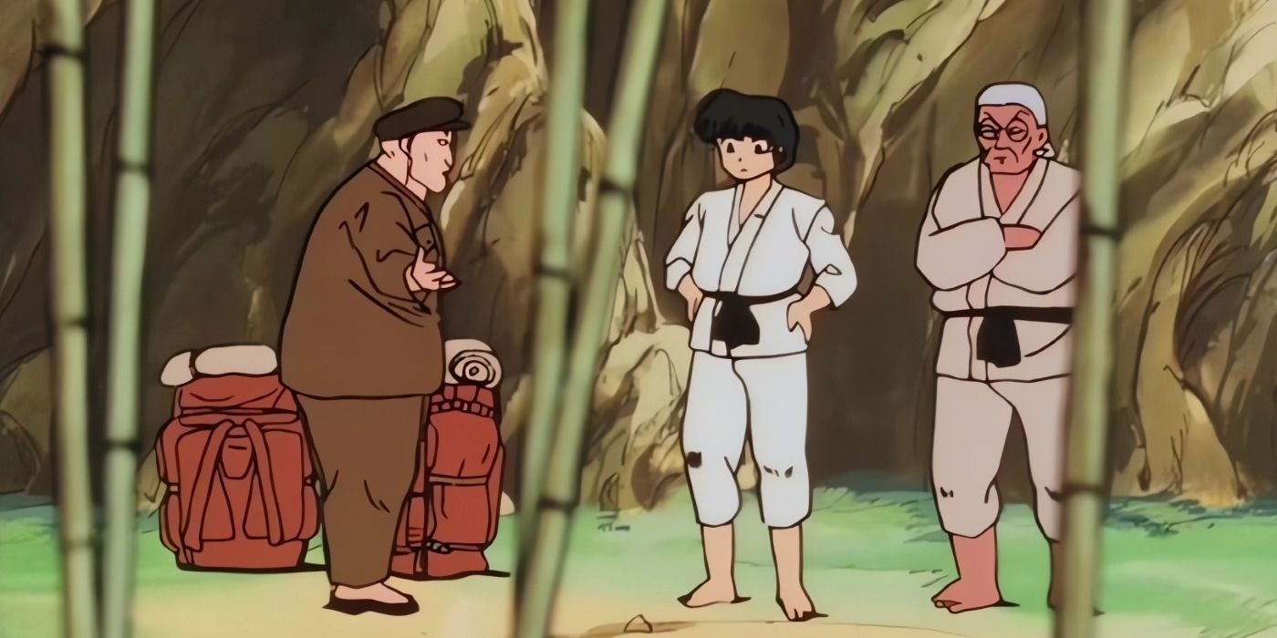 Ranma e Genma conversando com o guia Jusenkyo.