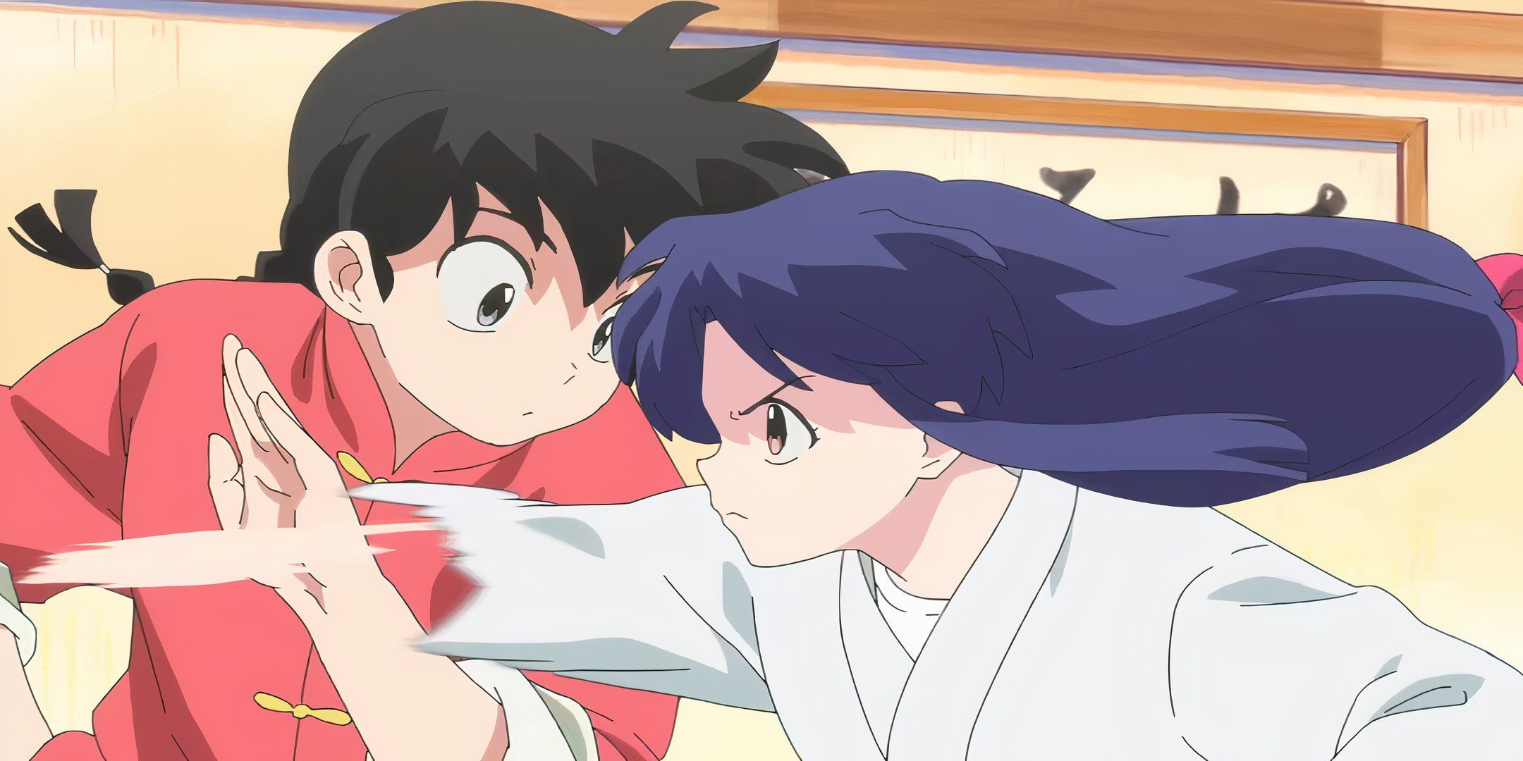 Ranma and Akane sparring as Akane looks very serious even though Ranma is more surprised.