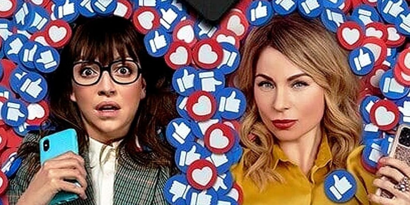 Raquel Gámez (Regina Blandón) e Cecy Diaz (Ludwika Paleta) diante de emojis de polegar para cima em War of Likes