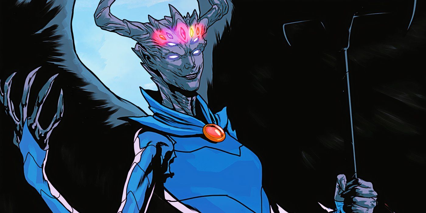 Comic book art: Raven appears as the Dark-Winged Queen, a gargoyle-like creature with glowing jewels in her forehead.