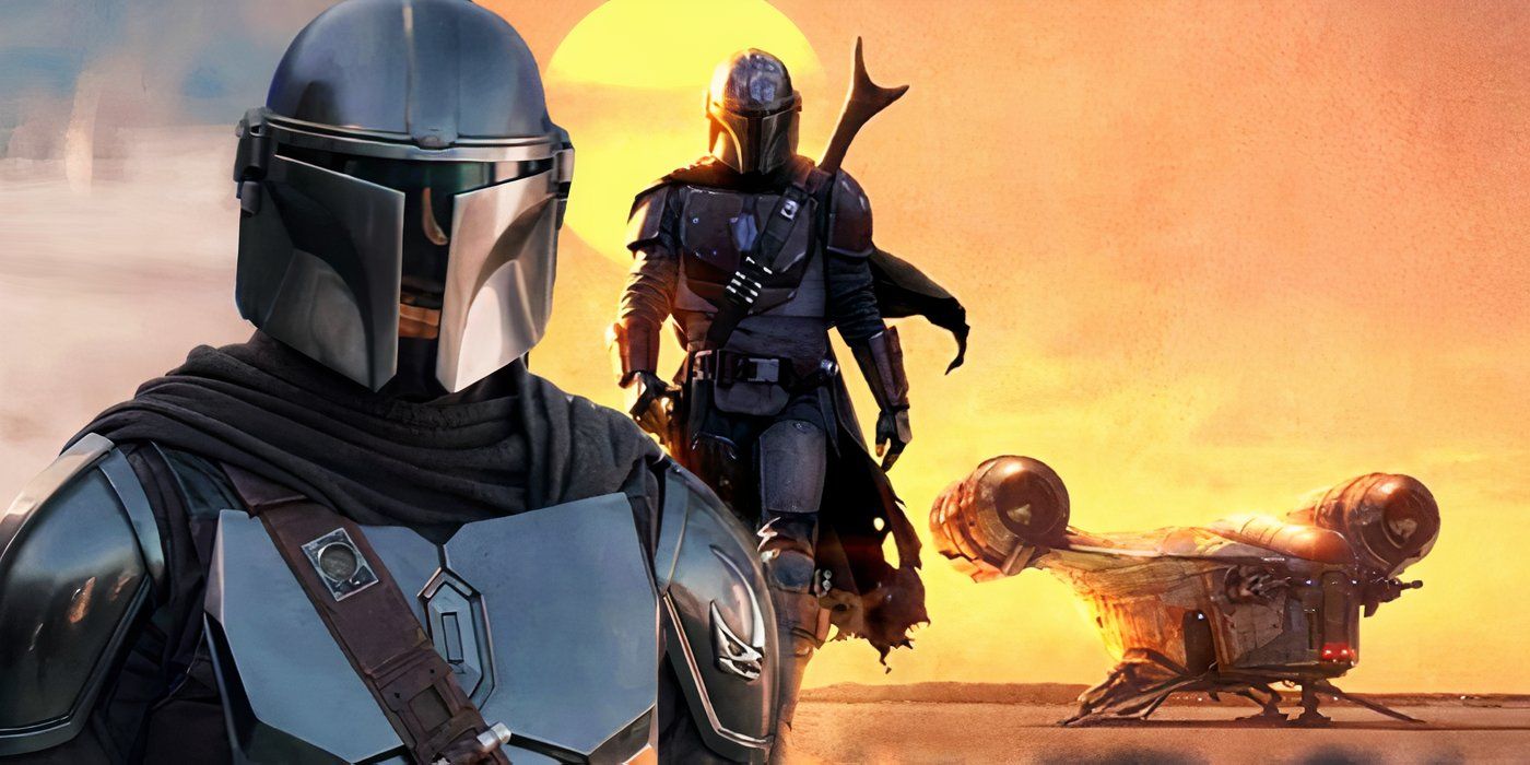 Din Djarin in his full armor next to him walks in front of the Razor Crest in The Mandalorian