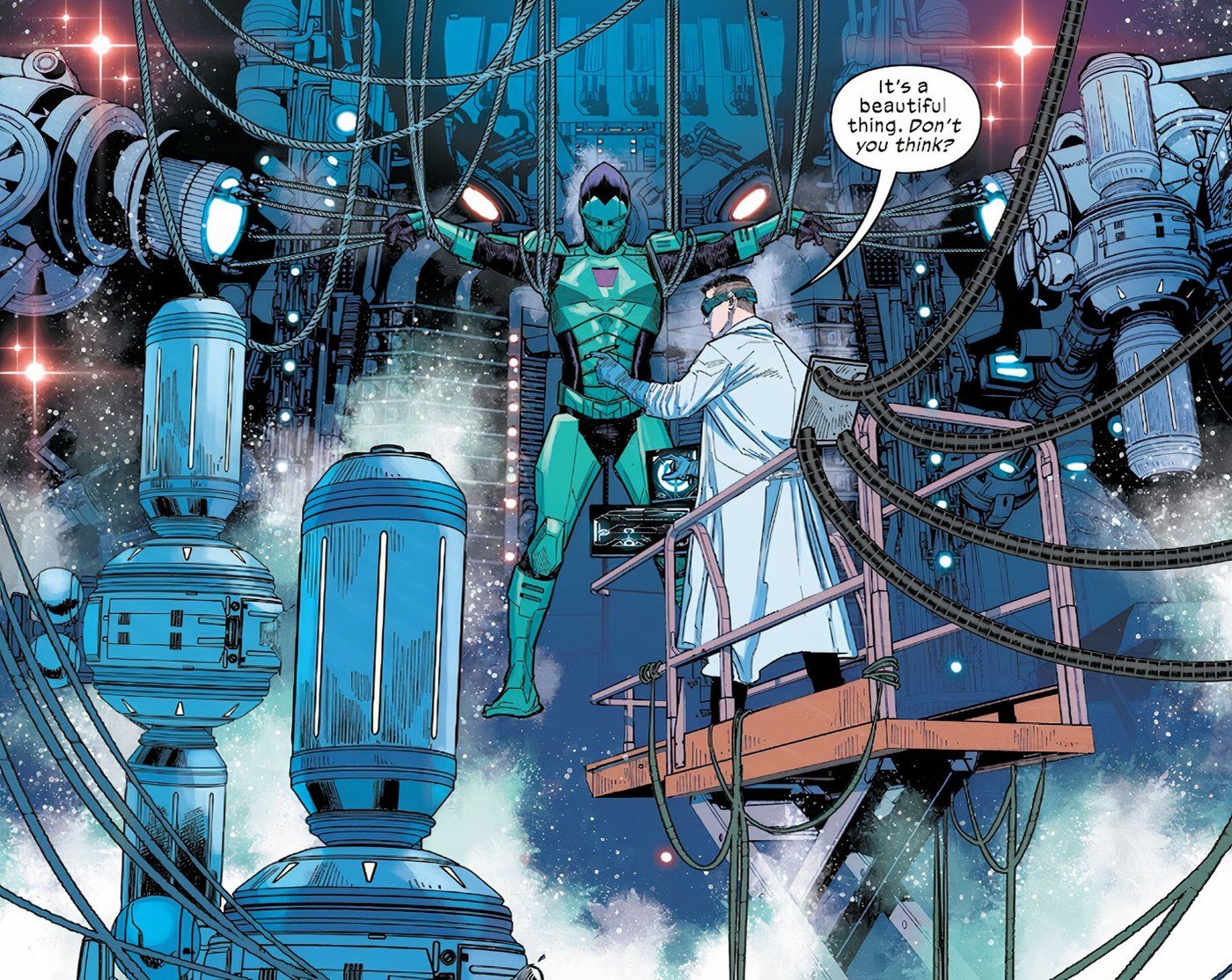 Comic panel: Otto Octavius works on Harry's Green Goblin suit