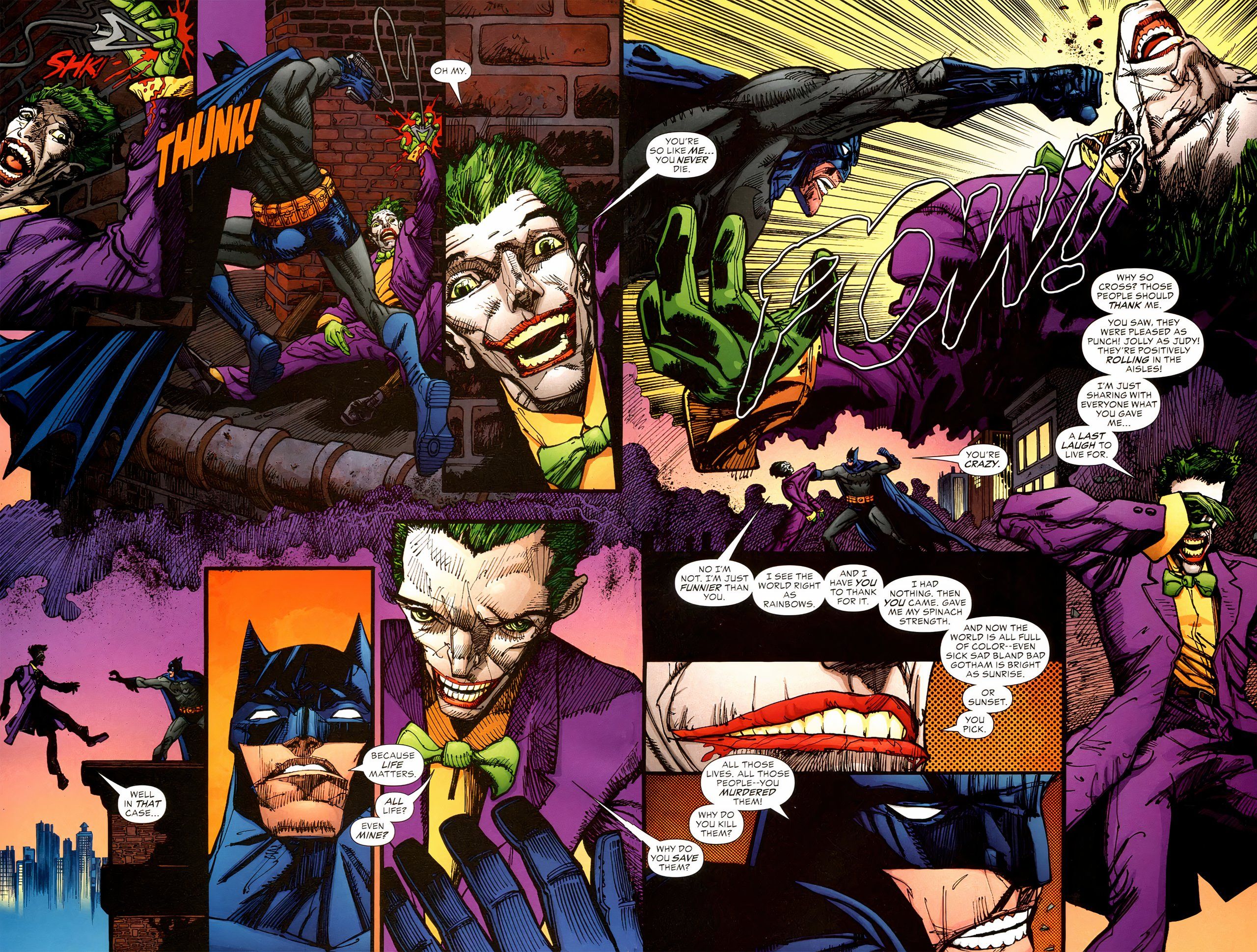 Joker luta contra Batman em um telhado em uma página inicial