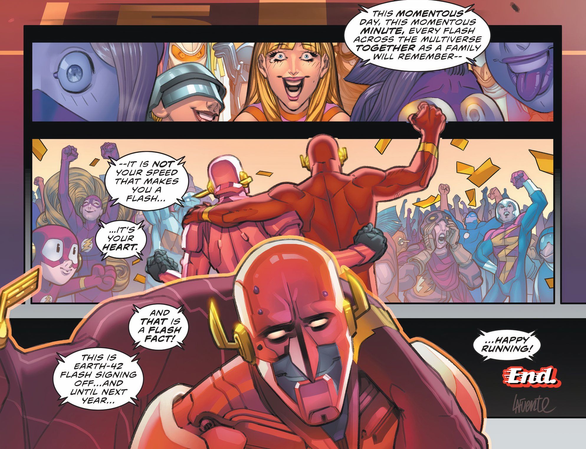 Comic book panel: the Flash puts his arm around Mercury Flash after a race.