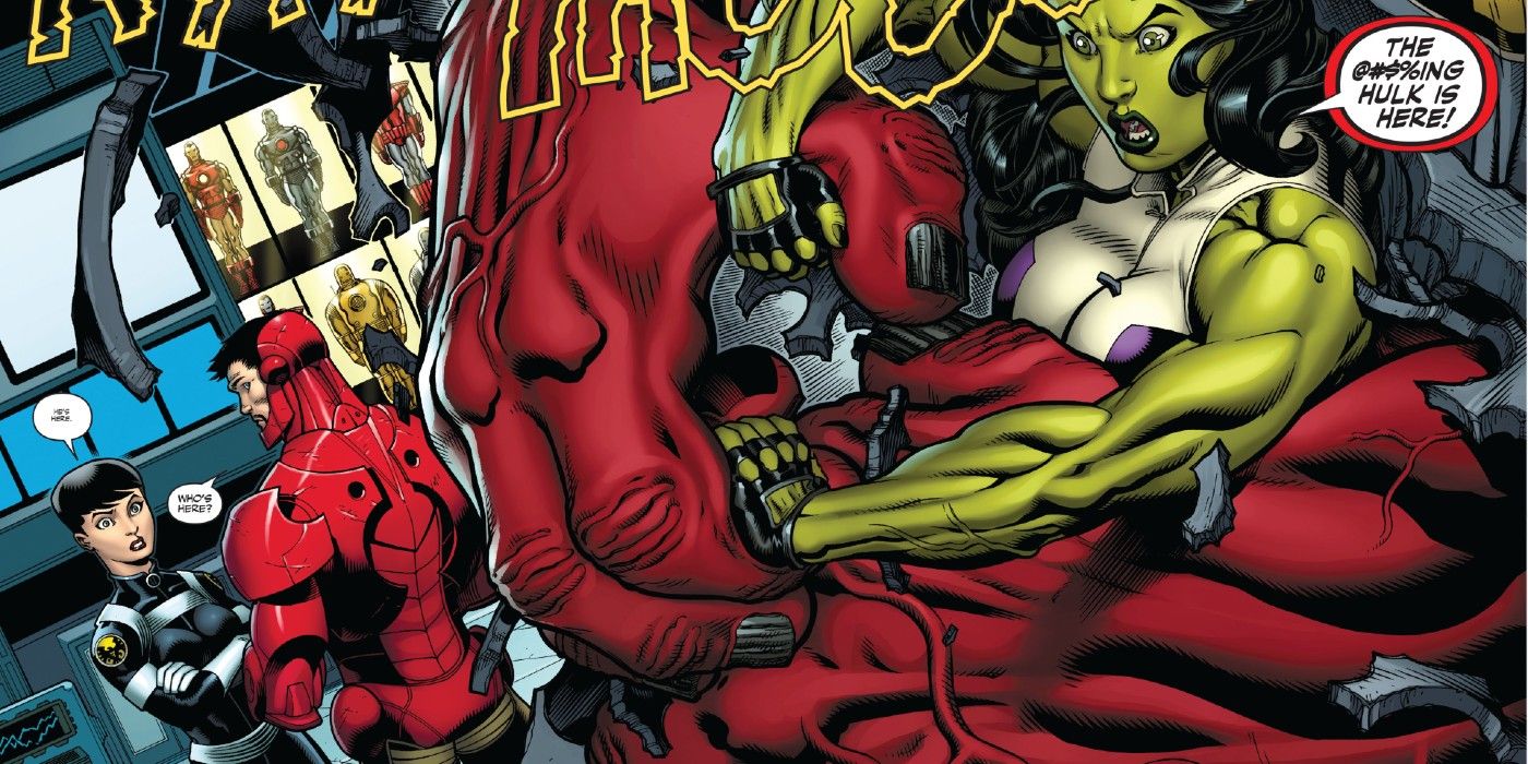 Red Hulk ambushes She-Hulk behind Iron Man and Maria Hill