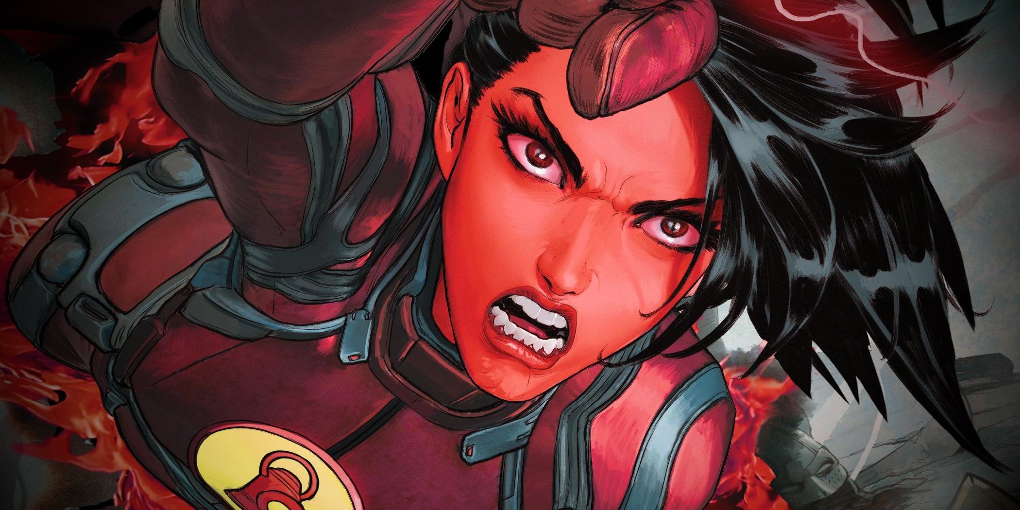 Comic book art: a close up of Red Lantern&rsquo;s Daughter, Ruby Sokov.