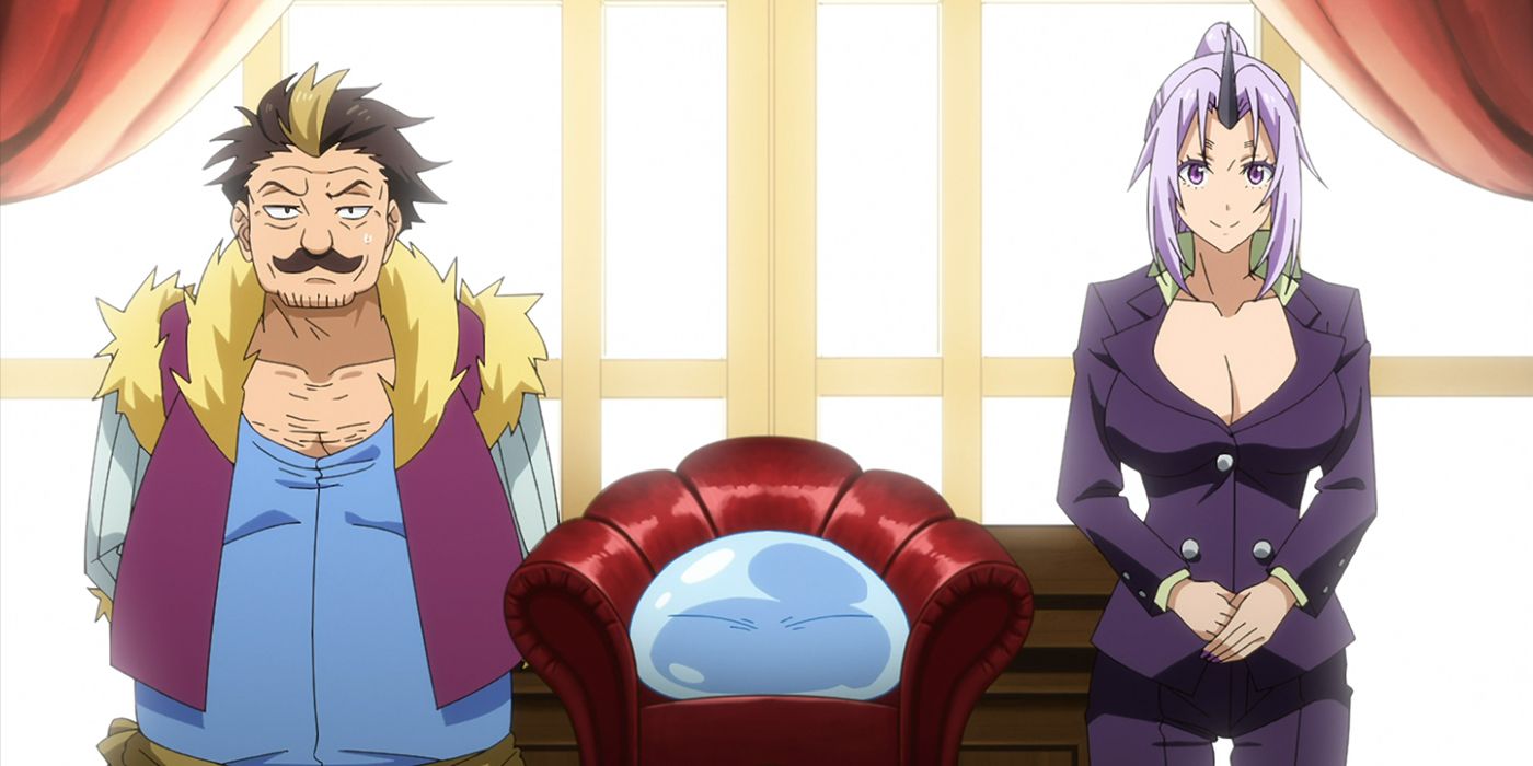 Rimuru com seu secretário Shion (à direita) e seu novo amigo comerciante Mjollmiles (à esquerda)