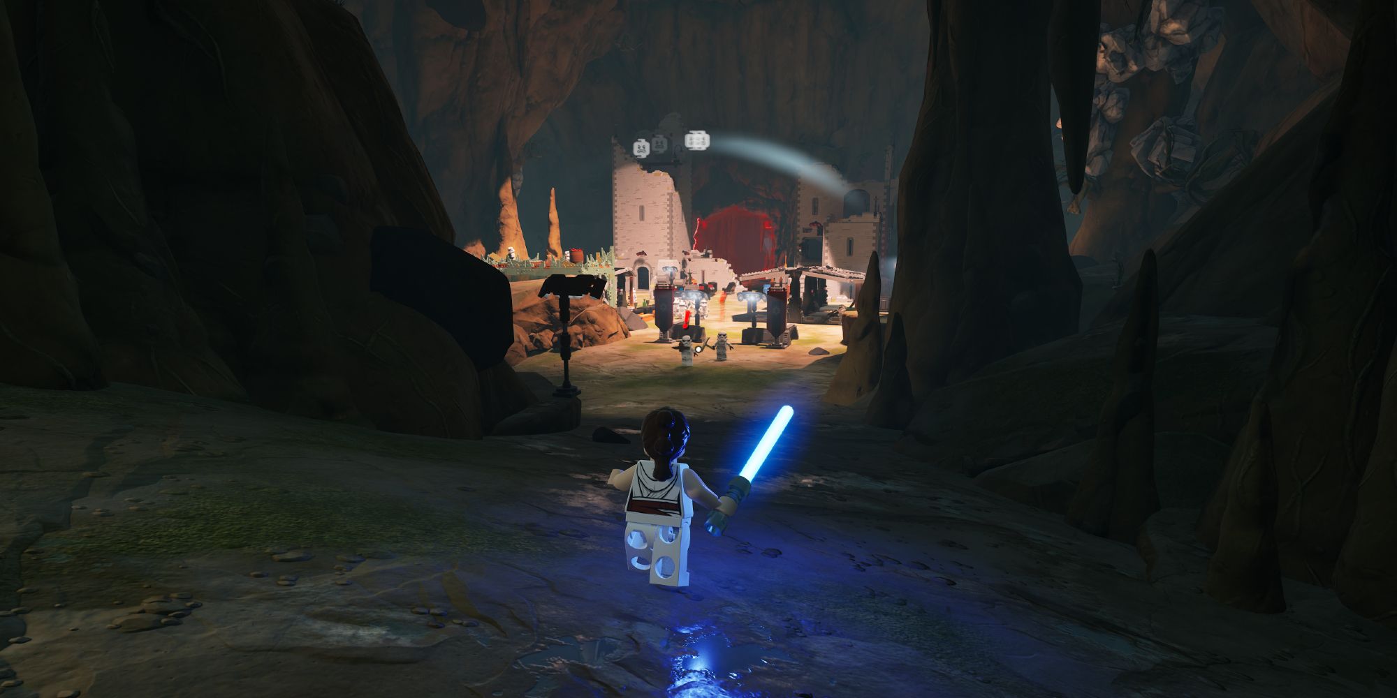 Rey enfrentando o acampamento Imperial Stormtrooper em uma caverna iluminada pelo sol com uma barreira de campo de força vermelha dentro de um bunker imperial LEGO Fortnite