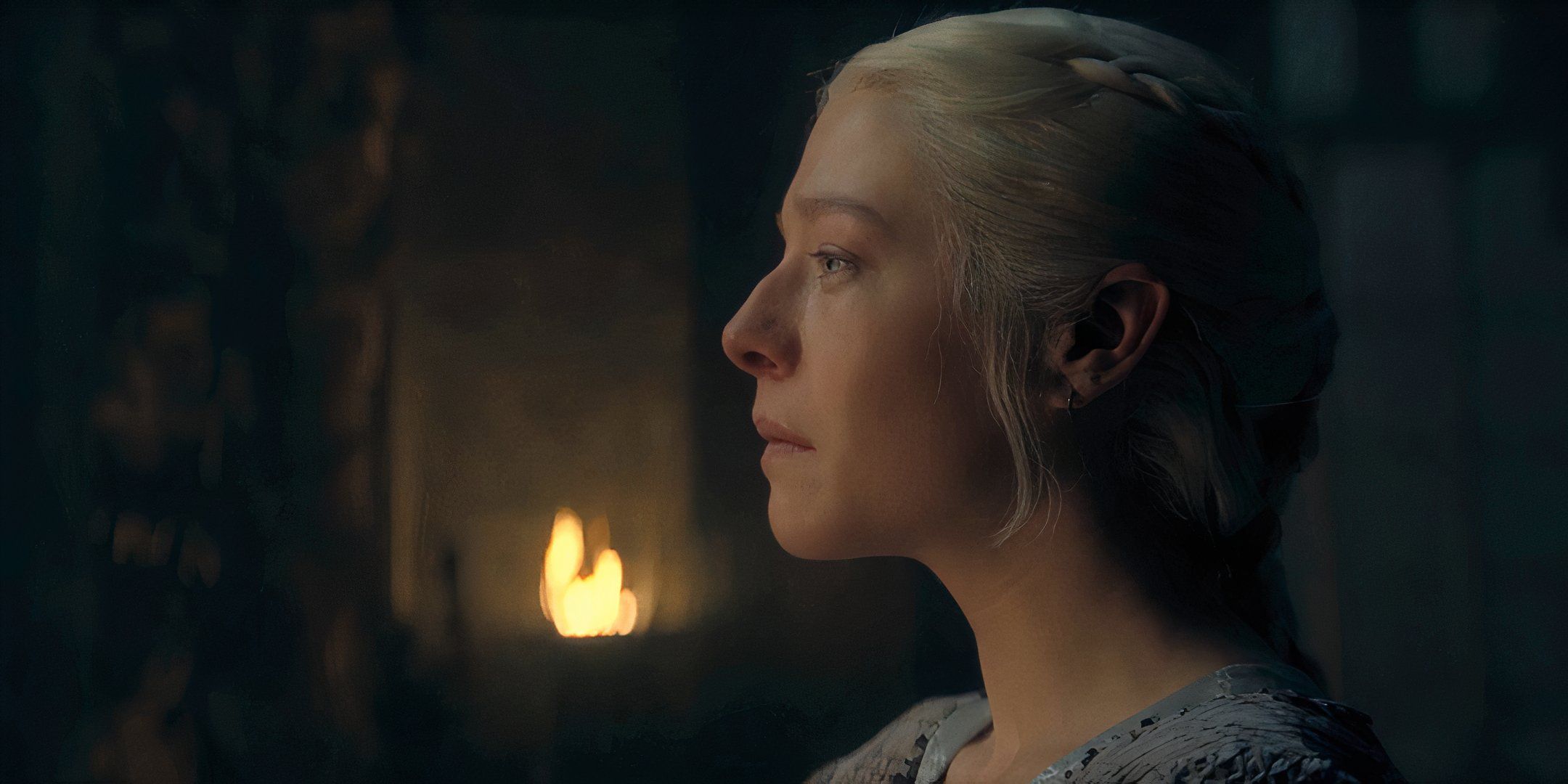 Rhaenyra (Emma D'Arcy) viewed from the side on Dragonstone in House of the Dragon season 2, episode 8