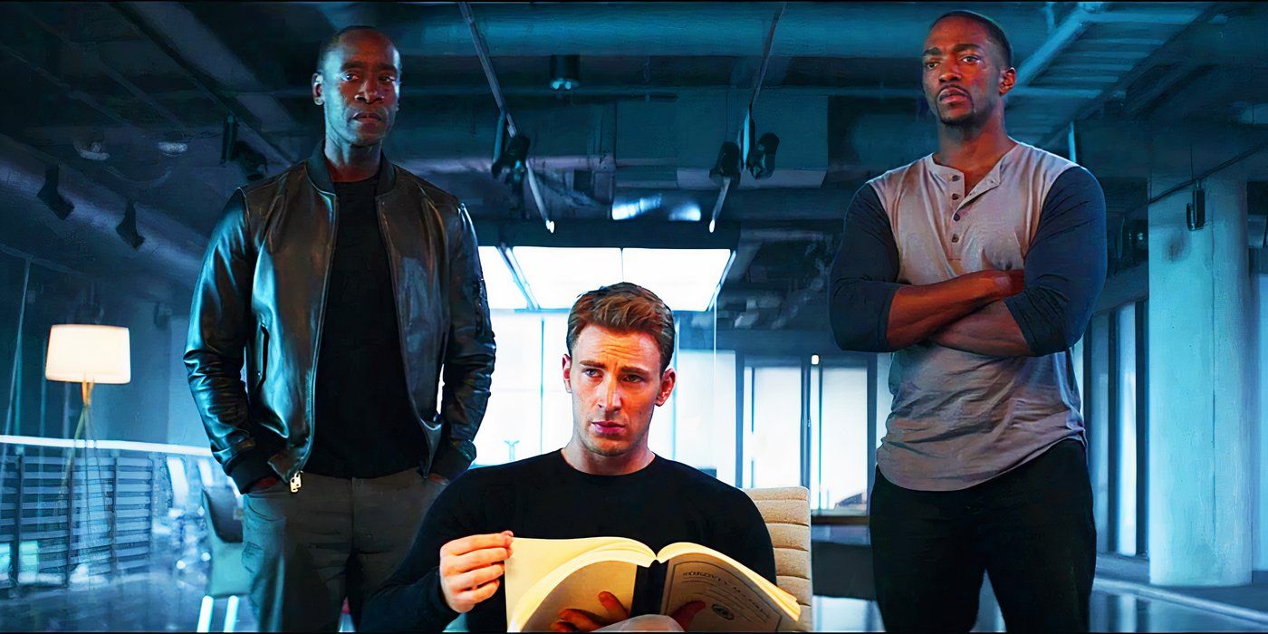 Rhodey, Steve Rogers and Sam Wilson reading the Sokovia Accords in Captain America Civil War