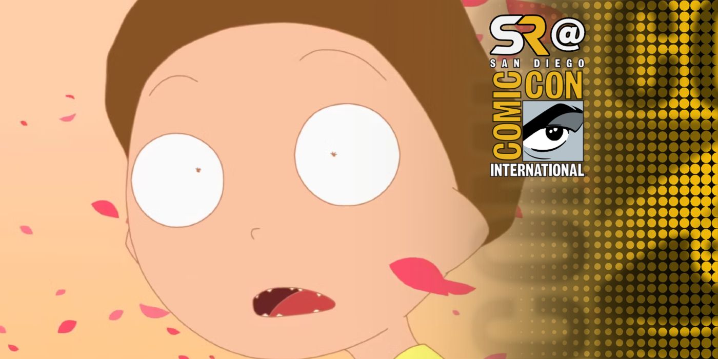 Rick And Morty The Anime&rsquo;s Morty staring with his mouth open as petals fly by with a Comic-Con banner over the image&rsquo;s right side.