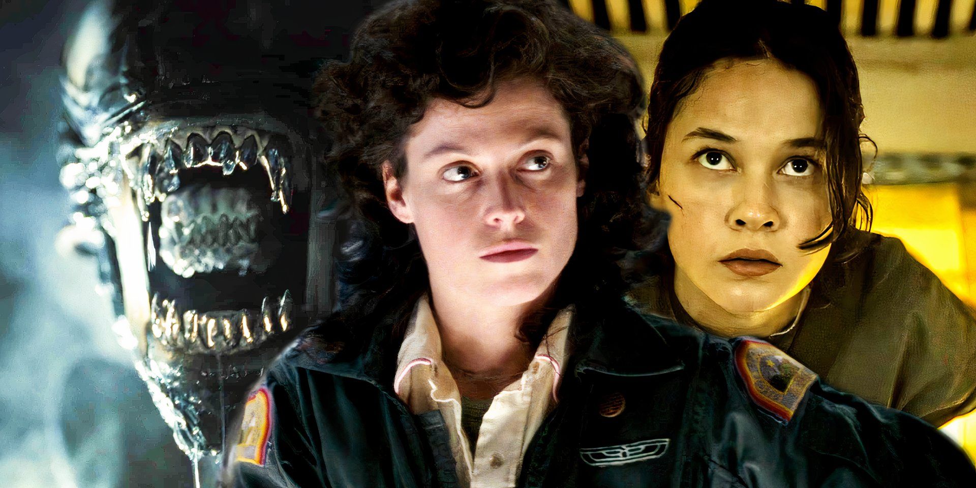 Ripley olhando para o lado em Alien, enquanto Rain olha para cima e um Xenomorfo aparece em Romulus