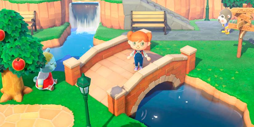 A villager on a bridge above a river