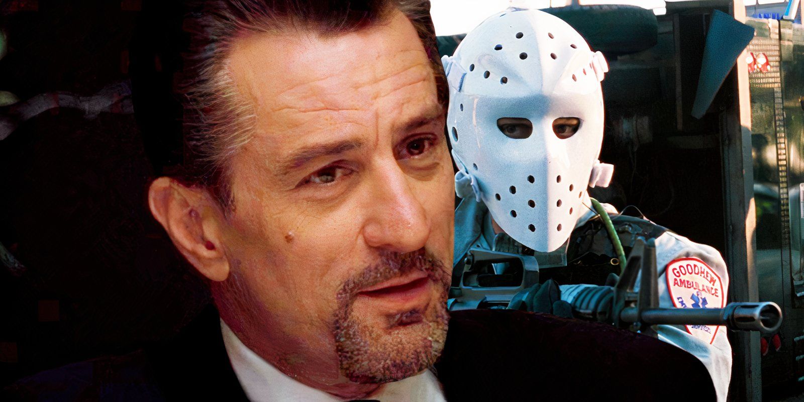 Robert De Niro as Neil McCauley juxtaposed with a character wearing a mask and holding a gun in Heat