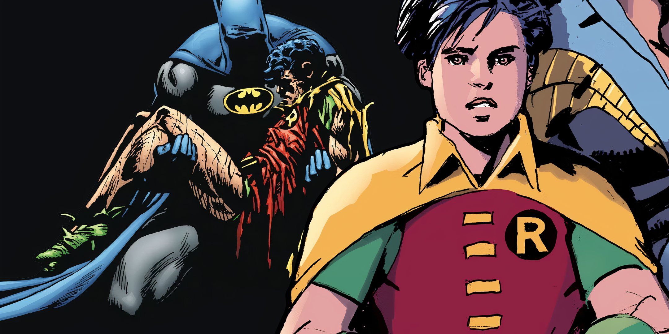 Arte de quadrinhos: Robin não usa máscara enquanto Batman embala Jason Todd morto.