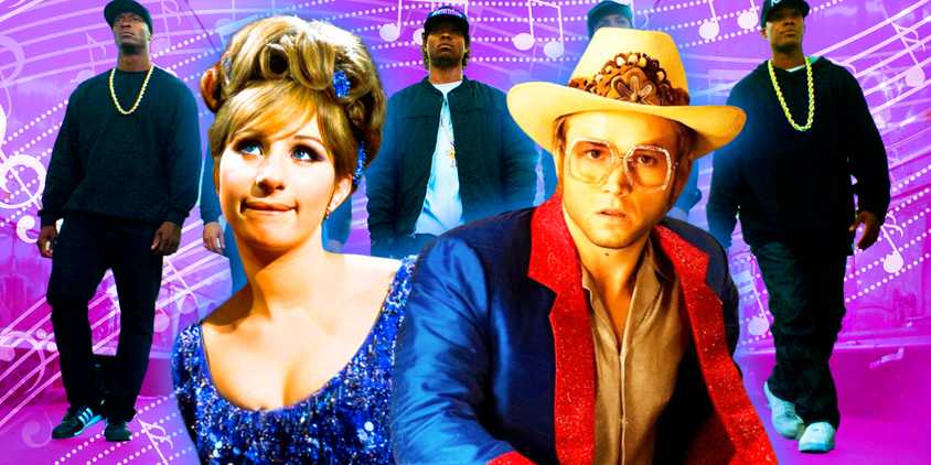 Collage of characters from Rocketman, Funny Girl, and Straight Outta Compton 