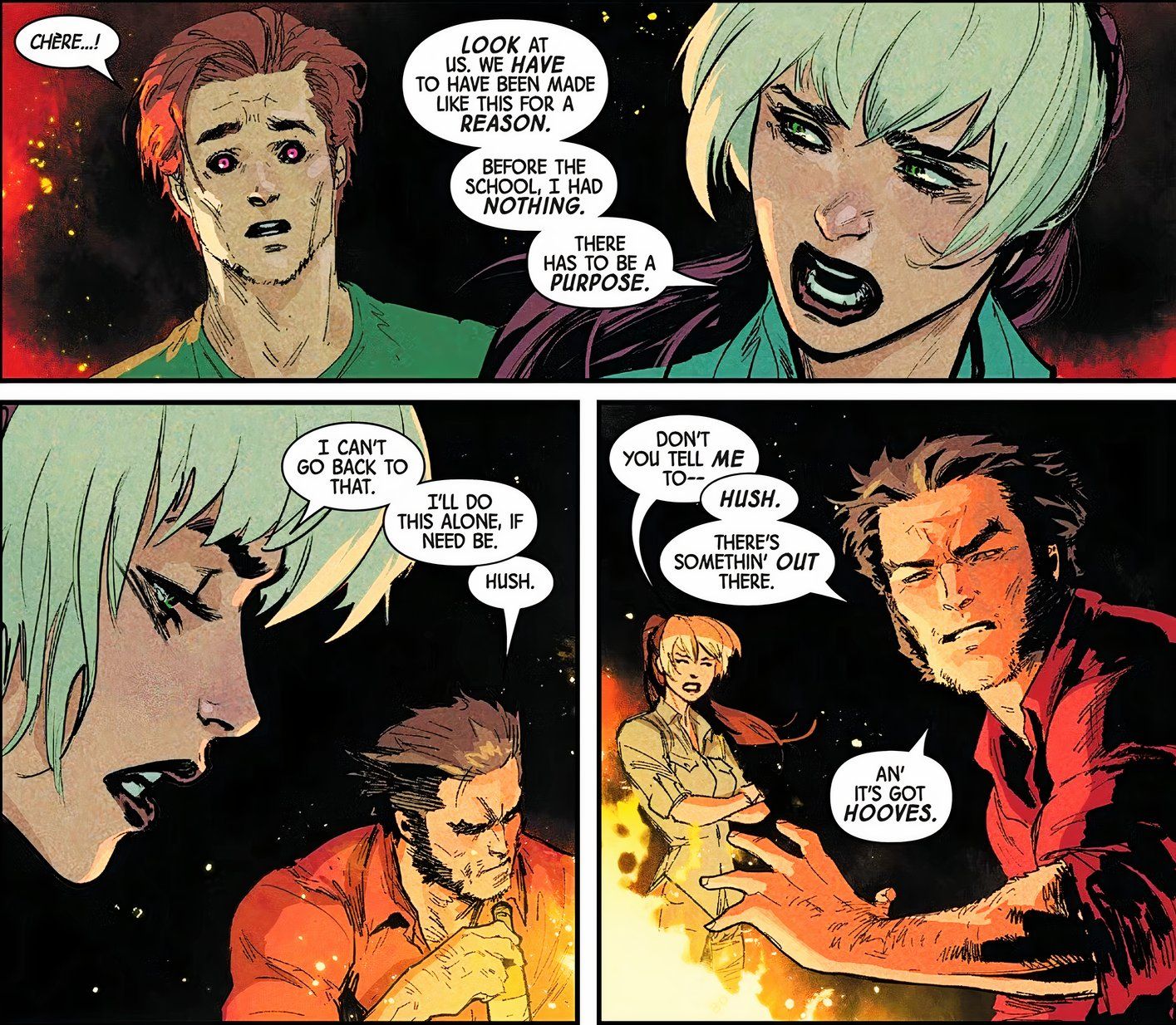 Uncanny X-Men #1, Wolverine, Gambit and Rogue are around a campfire when something approaches with hooves.