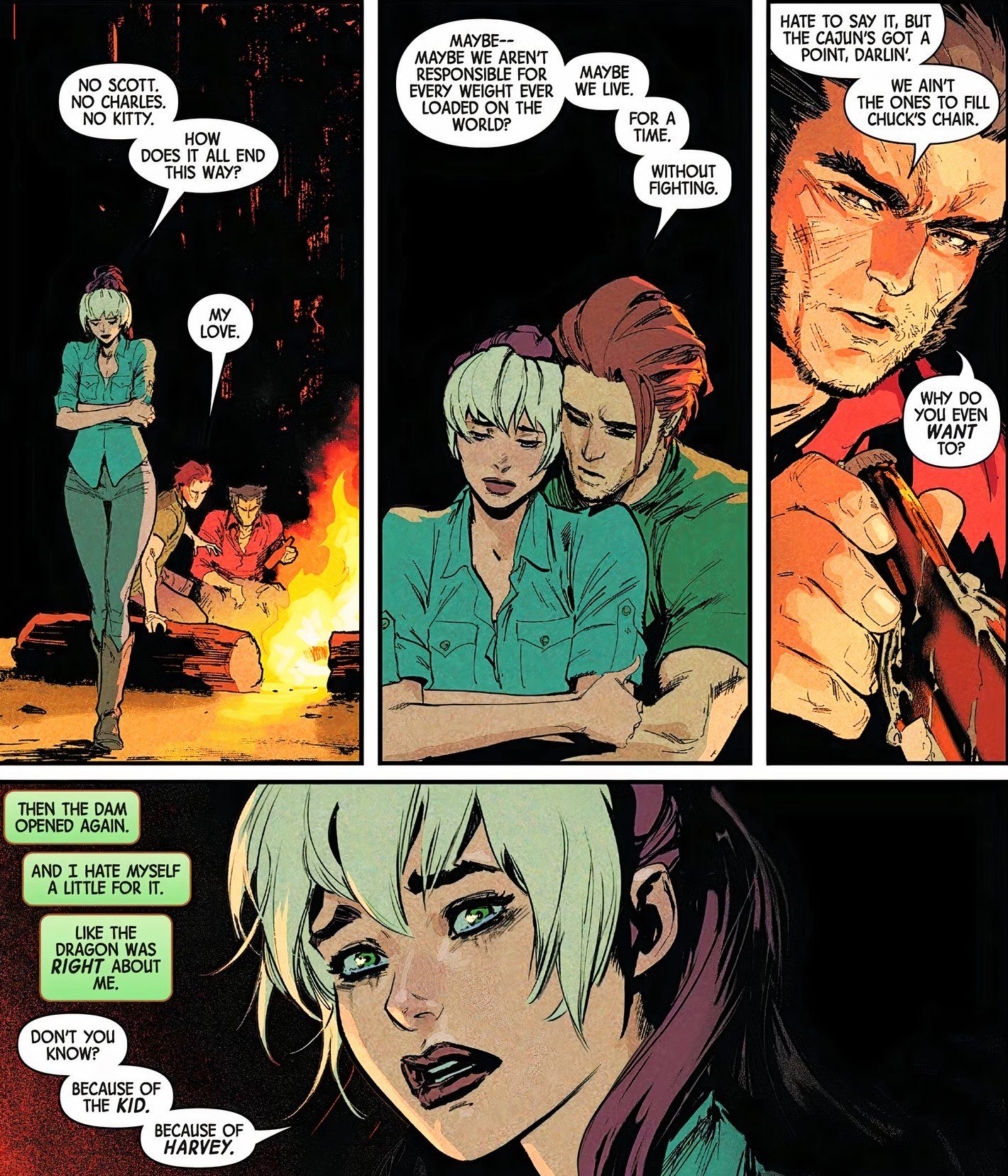 Gambit puts his arms around Rogue before looking at Wolverine through tears. 