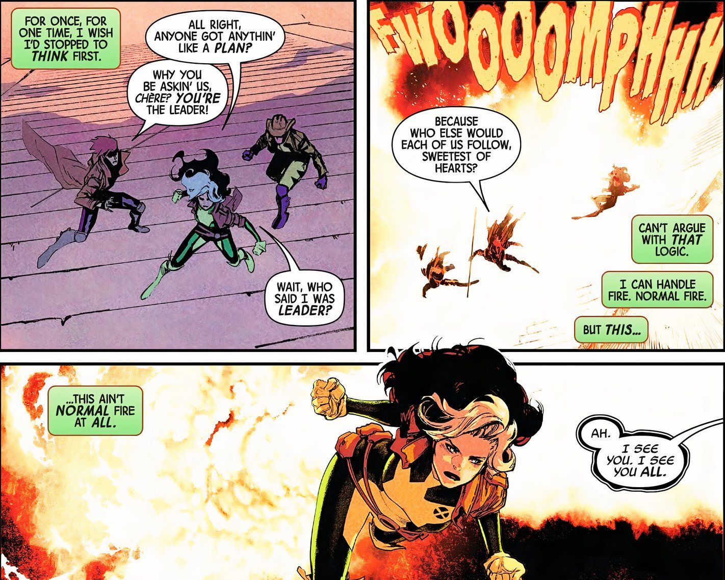 Gambit and Wolverine stand behind Rogue before she flies away from the fire. 