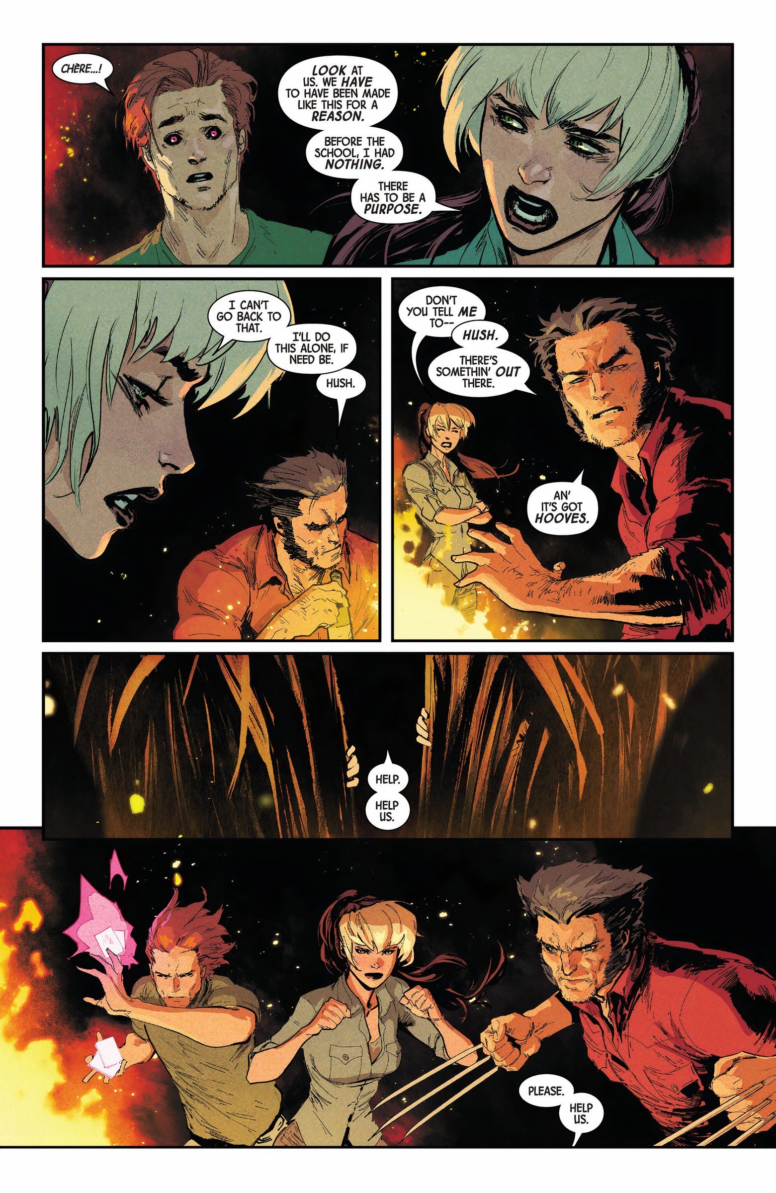 Gambit, Wolverine and Rogue stand in front of a fire and prepare for a fight. 