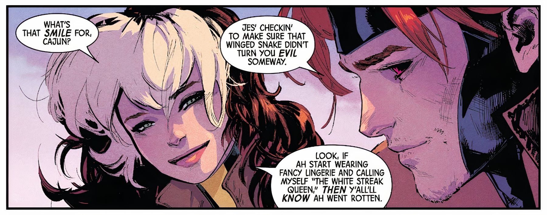 Painel de quadrinhos de Uncanny X-Men #1: Rogue e Gambit compartilham um doce momento