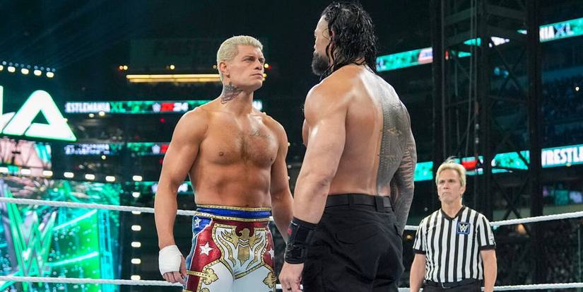 Roman Reigns and Cody Rhodes stare each other down in the main event of WrestleMania 40