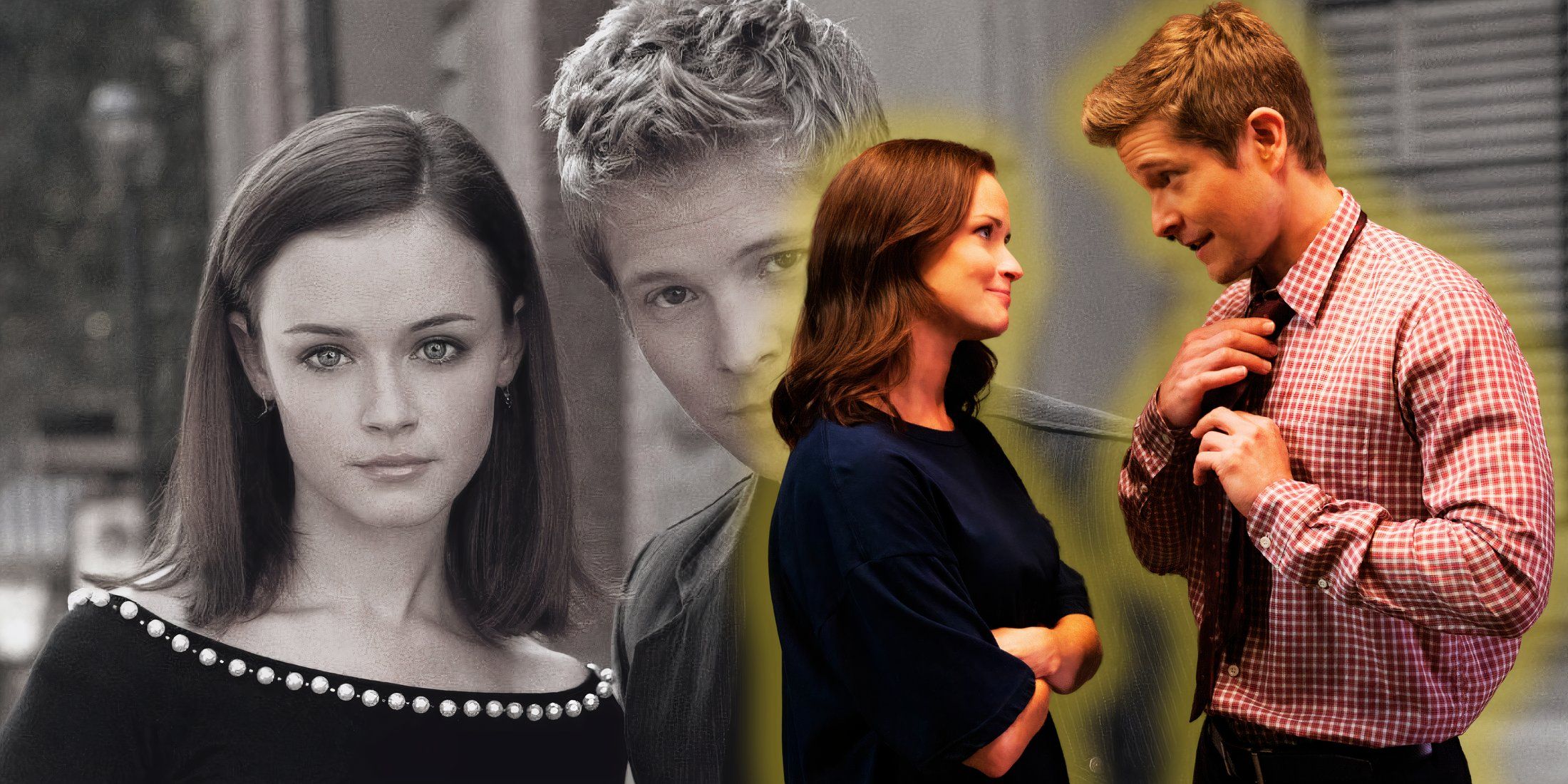 Rory and Logan smiling at one another in A Year In The Life over an image of Rory and Logan staring at the camera for Gilmore Girls