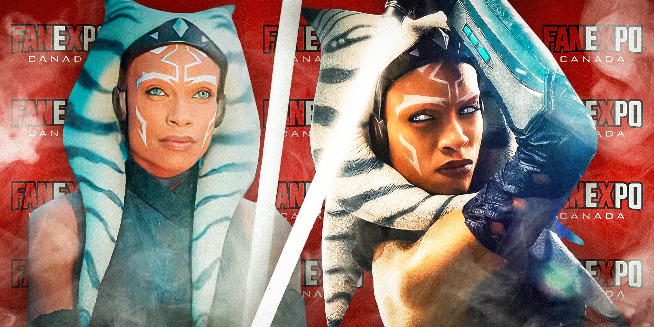 Rosario Dawson as Ahsoka Tano looking serious with her lightsaber to the left and wielding her lightsaber behind her back to the right in front of a red background that reads FAN EXPO Canada