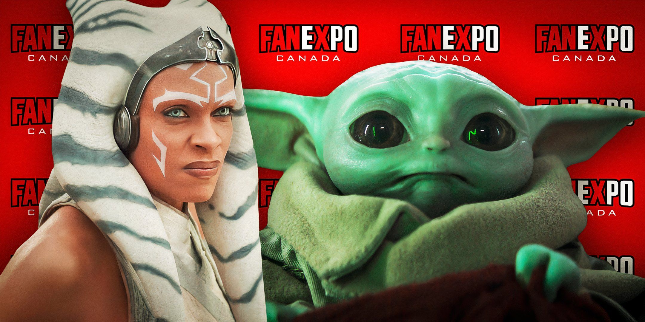 Rosario Dawson snarling as Ahsoka Tano next to Grogu in The Mandalorian in front of the Fan Expo Canada logo