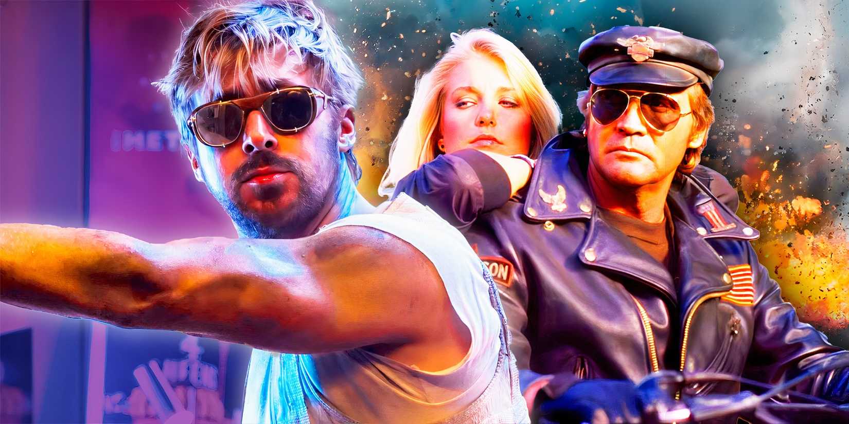 Ryan Gosling from The Fall Guy (2024) and Lee Majors & Heather Thomas from The Fall Guy television series (1981) 