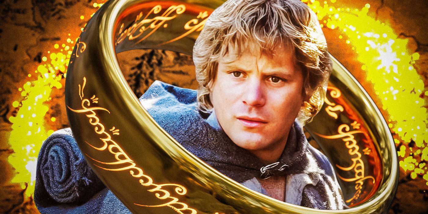 Samwise Gamgee (Sean Astin) looking concerned while standing inside the One Ring against a fiery background