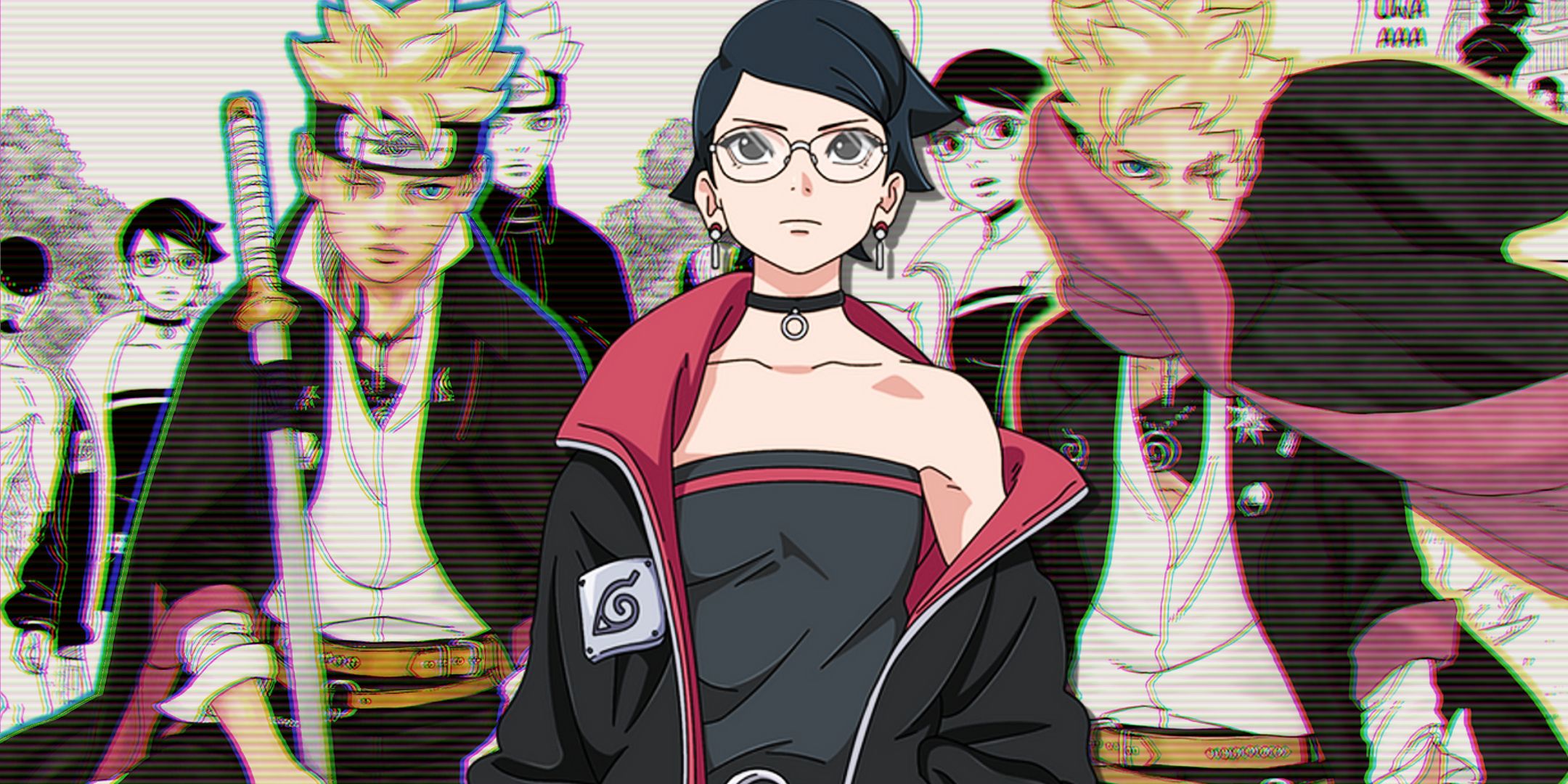sarada uchiha as seen in boruto two blue vortex in the center with boruto in the background on either side