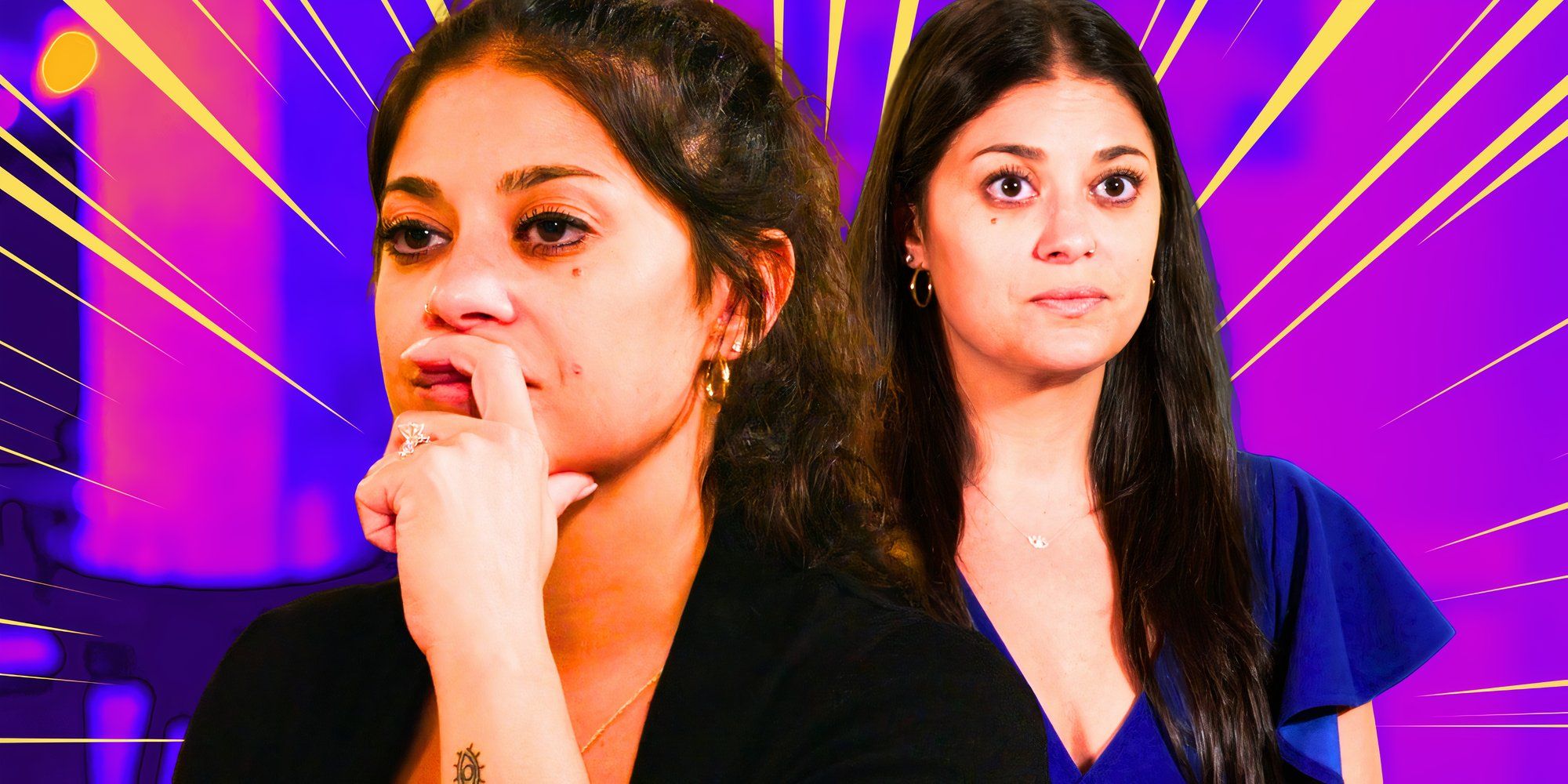 montage of Loren Brovarnik looking worried with purple background